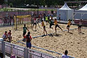 Deutsch: Beachhandball bei den Olympischen Jugendspielen 2018; Tag 4, 10. Oktober 2018; Jungs, Vorrunde, Gruppe B - Portugal-Paraguay 2:0 English: Beach handball at the 2018 Summer Youth Olympics at 10 October 2018 – Boys Preliminary Round Group B – Portugal-Paraguay 2:0