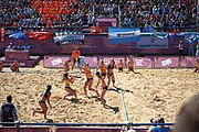 Deutsch: Beachhandball bei den Olympischen Jugendspielen 2018; Tag 3, 10. Oktober 2018; Mädchen, Vorrunde, Gruppe B - Niederlande-Argentinien 2:0 English: Beach handball at the 2018 Summer Youth Olympics at 10 October 2018 – Girls Preliminary Round Group B‎ – Netherlands-Argentina 2:0