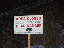 Bear danger area closure sign of the type used at Denali National Park and Preserve Beardanger.JPG