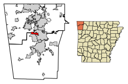 Location of Elm Springs in Benton County and Washington County, Arkansas.