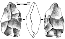 Hand axe formed using a hard hammer, without further treatment. Bifaz-El Lombo (PD).png