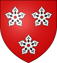 Undifferenced arms of the chief of Clan Hamilton, gules, three cinquefoils ermine BlasonAncenis.svg