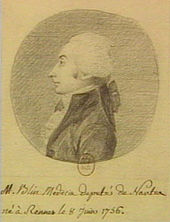 Portret, czarny rysunek ołówkiem przedstawiający sylwetkę Blina z długim nosem i białą peruką;  u dołu odręczny napis wskazujący Blina jako lekarza, zastępcę i datę urodzenia.