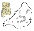 This map shows the incorporated and unincorporated areas in Blount County, Alabama, highlighting Hayden in red. It was created with a custom script with US Census Bureau data and modified with Inkscape.