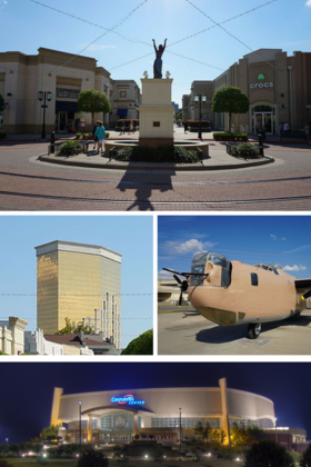 Do topo, da esquerda para a direita: praça central do calçadão da Louisiana, o Horseshoe Hotel and Casino, B-24J Liberator na Base da Força Aérea de Barksdale, CenturyLink Center