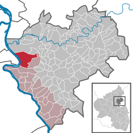 Lokaasje Braubach (read) yn de ferbânsgemeente Loreley (roze) yn de Rhein-Lahn-Kreis (griis)