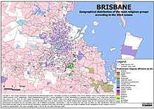 Geographical distribution of the main religious groups, according to the 2016 census. Brisbane Religions.jpg