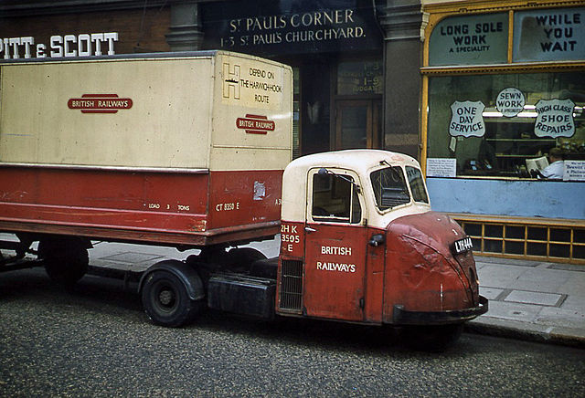 A Scammell Scarab truck in British Railways livery, London, 1962. British Railways was involved in numerous related businesses, including road haulage