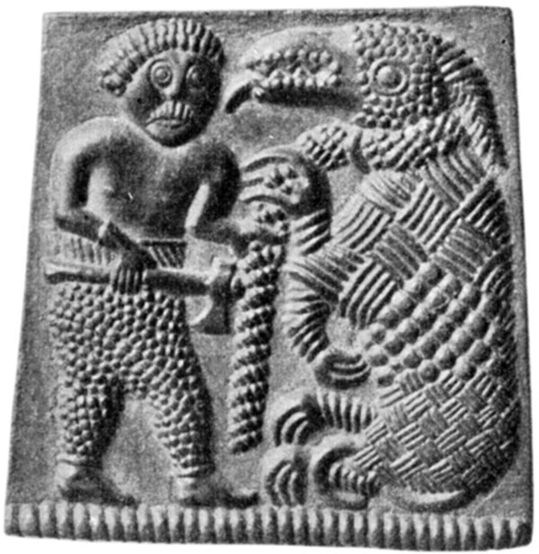 A warrior with shaggy breeches, killing a beast, on one of the Torslunda plates. The man has been identified with Ragnar Lodbrok in an early Swedish v