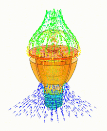 Thermal animation of a high powered A19 sized LED light bulb, created using high resolution computational fluid dynamics (CFD) analysis software, showing temperature contoured LED heat sink and flow trajectories CFD A19 LED Light Bulb.gif