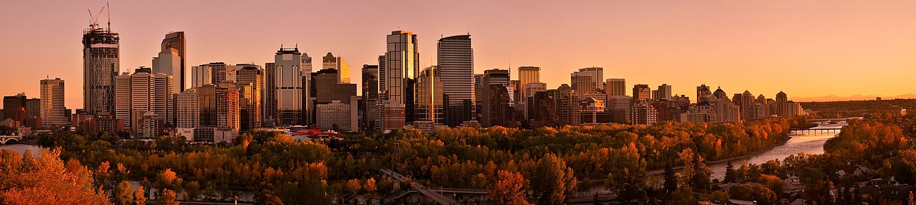 View of downtown Calgary, Canada, as seen from Crescent Heights bluff during sunset.