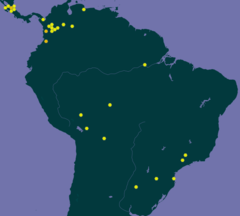 Mapa mostrando distribuição confirmada de C. illioneus representada por pontos amarelos.