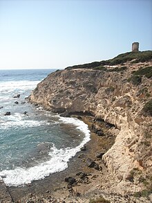 View of the southern cliff of Capo Mannu and of the Aragonese tower. Capo Mannu.JPG