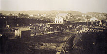 Inauguration of the Railroad on 1 June 1910, date of the elevation of the Villa of Caxias to city status. Photo from AHM. Chegada do trem em Caxias do Sul - 1910.jpg
