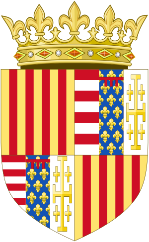 Escudu de Fernandu I, constituyíu pola unión de les barras d'Aragón colos símbolos angevinos del antiguu escudu napolitanu, a los que s'habíen añedir los escudos del Reinu de Xerusalén y del Reinu d'Hungría, heredaos por Ladislao I.