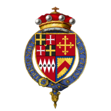 Arms of Willoughby de Broke: Quarterly 1 & 4: Or, fretty azure; 2 & 3: Gules, a cross patonce Or Coat of arms of Sir Robert Willoughby, 1st Baron Willoughby de Broke, KG.png