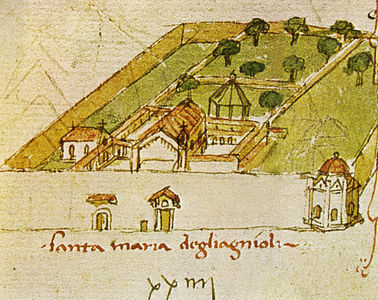 1450 Codex Rustici drawing showing Brunelleschi's proposed octagonal church (lower right)