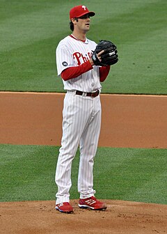 Cole Hamels, Phillies' pitcher from 2006 to 2015, was named MVP of the 2008 World Series Cole Hamels pitching 2010.jpg