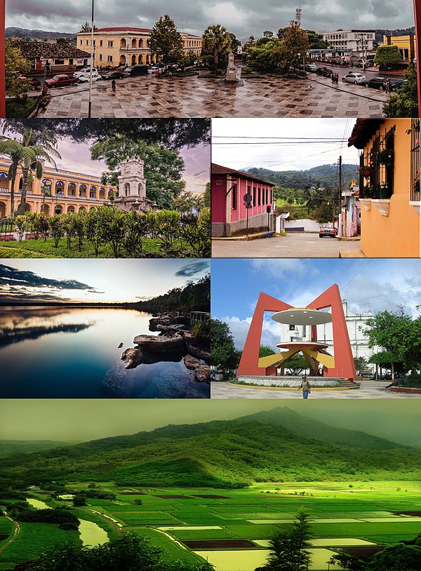 Above, from left to right: Central Park of Cobán, Governing Palace, City Streets, Lachuá Lagoon, Santo Domingo de Guzmán Cathedral and the biodiversit