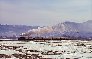 Zug auf dem unteren Abschnitt bei der Fahrt aus dem Gleisanschluss des Sägewerkes (Februar 1997)