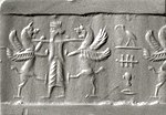 Thumbnail for File:Cylinder seal and modern impression- king holding two lion griffins at bay MET ss36 106 2.jpg