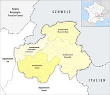 Map of arrondissements of the Haute-Savoie department. Departement Haute-Savoie Arrondissement 2019.png