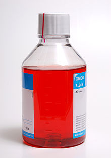 A bottle of DMEM cell culture medium DMEM cell culture medium.jpg