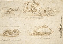 Leonardo's drawings of a scythed chariot and a fighting vehicle Da Vinci Scythed Chariot and Armoured Tank.JPG