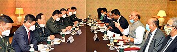 China and India hold talks on 4 September 2020. Visible are the Defence Ministers from both countries, Rajnath Singh and General Wei Fenghe. Defence minister talk during 2020 standoff between India and China.jpg