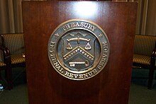 IRS and Department of the Treasury seal on lectern Department of Treasury retirement reception of Beth Tucker 01.JPG