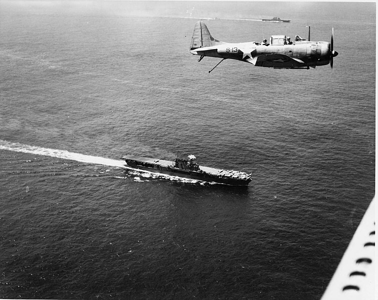 File:Douglas SBD flies over USS Enterprise (CV-6) and USS Saratoga (CV-3) on 19 December 1942.jpg