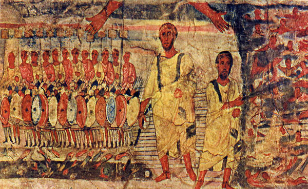 Moses leads the Israelites across the Red Sea while pursued by Pharaoh. Fresco from the Dura-Europos synagogue in Syria, 244–256 CE