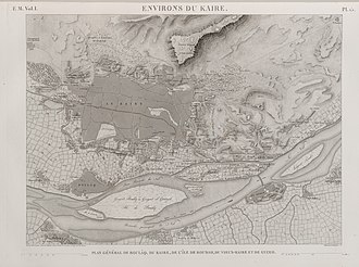 Cairo in 1809, from the Description de l'Egypte. Environs du Kaire (Cairo). Plan general de Boulaq, du Kaire, de l'ile de Roudah (el-Roda), du Vieux Kaire et de Gyzeh (Jizah) (NYPL b14212718-1268726).jpg