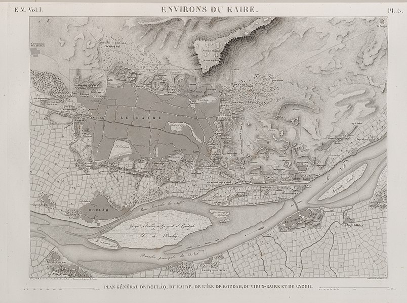 Pl.15 - Plan général de Boulâq, du Kaire, de l'île de Roudah (el-Rôda), du Vieux Kaire et de Gyzeh (Jîzah).