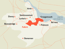 A map showing the boundaries of the Falkirk Council area, one of the 32 Unitary authorities of Scotland. Larbert sits to the north of the council area. Falkirk towns.gif