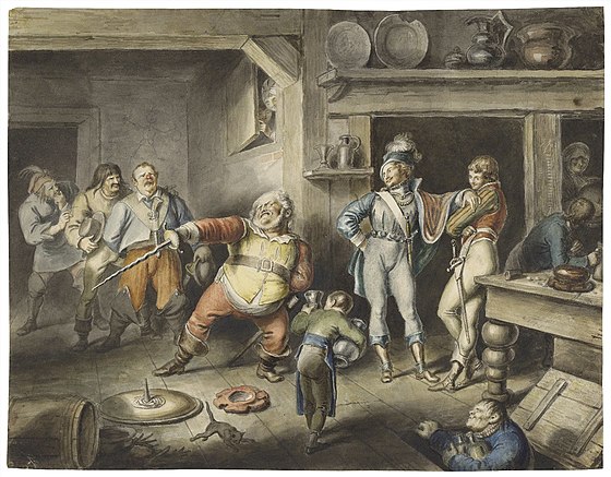 An 1829 watercolour by Johann Heinrich Ramberg of Act II, Scene iv: Falstaff enacts the part of the king.
