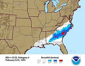 Snowfall map of the February 1973 United States blizzard, a Category 4 winter storm, outlining the thresholds for Regional Snowfall Index in the Southeast and showing the different regions assessed using the scale February 1973 United States blizzard.jpg