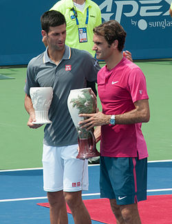 Federer captured his seventh Cincinnati title. Federer and Djokovic Cincinnati Masters 2015.jpg