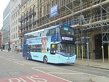 A First Bradford Wright StreetDeck in the new City of Bradford livery in March 2022 First Bradford bus in new livery on the Headrow, Leeds (11th March 2022).jpg