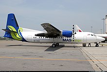 A 50-seater Fokker 50 operated by MASWings in 2007. The last Fokker-50 was retired by the airline in April 2010 and its services have now been superseded by the larger ATR-72. Fokker 50 - MASWings.jpg