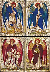 Mosaics of the four archangels on the east wall in the chancel Four Archangels, St John's Church, Warminster, Wiltshire.jpg