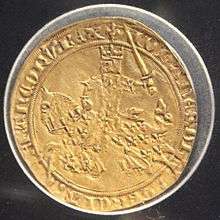 The first franc ever minted, the "Franc a cheval", was minted upon Jean le Bon's return from captivity from 5 December 1360, and featured combative imagery. Gold, 24 karat, 3.73g. Its weight is the account value of one livre tournois. Franc a cheval de Jean le Bon 5 decembre 1360 or 3730mg.jpg
