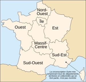 French districts for elections to the European Parliament. Multiple MEPs are elected by proportional representation from each district. The outre-mer district is not shown. FranceEuroCirconscriptions.svg