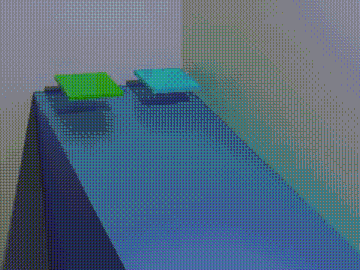 Friction between two objects. The blue one has more friction against the sloped surface than the green one. Friction Animation 2 Blocks.gif