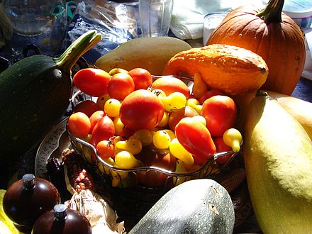 An arrangement of fruits commonly thought of as culinary vegetables, including corn (maize), tomatoes, and various squash