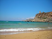 Ghajn Tuffieha bay, Malta Ghajn Tuffieha Tower and Bay.JPG