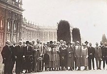 GR Hofmeyr, Administrator of South West Africa 1920 to 1926, at the Permanent Mandates Commission in Geneva, 1924. Hofmeyr is eighth from the left, his wife eleventh from the left. Identity of others in the photograph not known. GR Hofmeyr Geneva Permanent Mandates Commission League of Nations 1924.jpg