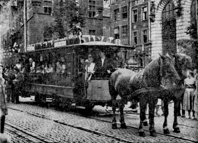 A horse tram (horsecar) in Danzig, Germany (present day Gdańsk, Poland)