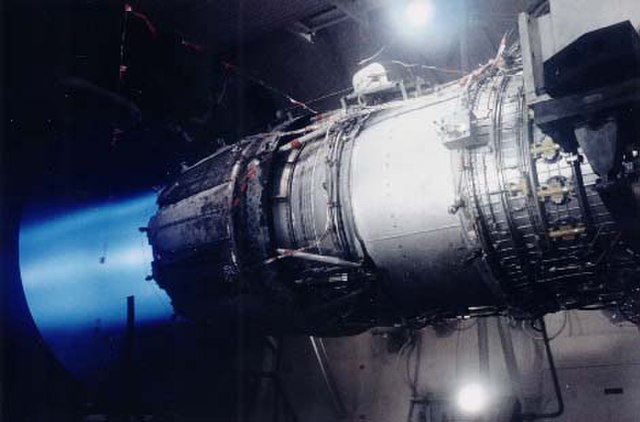 An F110 engine undergoes performance testing at the Air Force's Arnold Engineering Development Center.