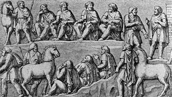 Germanische Ratsversammlung – Zeichnung eines Reliefabschnitts der Mark-Aurel-Säule zu Rom